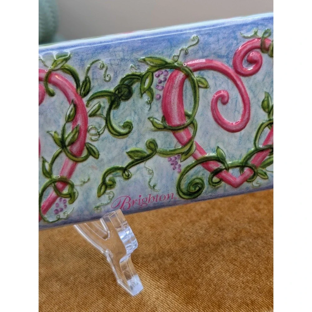 Brighton Metal Tin Case Long Pink Hearts Ivy Vines Jewelry Watch Box Vintage